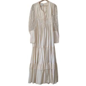 Vintage 60s 70s Neusteters Long Sleeve Ivory Prairie Long Dress Lace Cottagecore